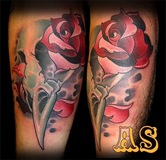 Tattoos - Skull tattoos - Bird Skull and Roses Tattoo